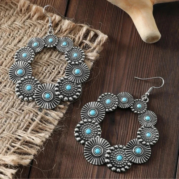 Antiqued Silver Turquoise Hoop Earrings - Picture 3 of 3